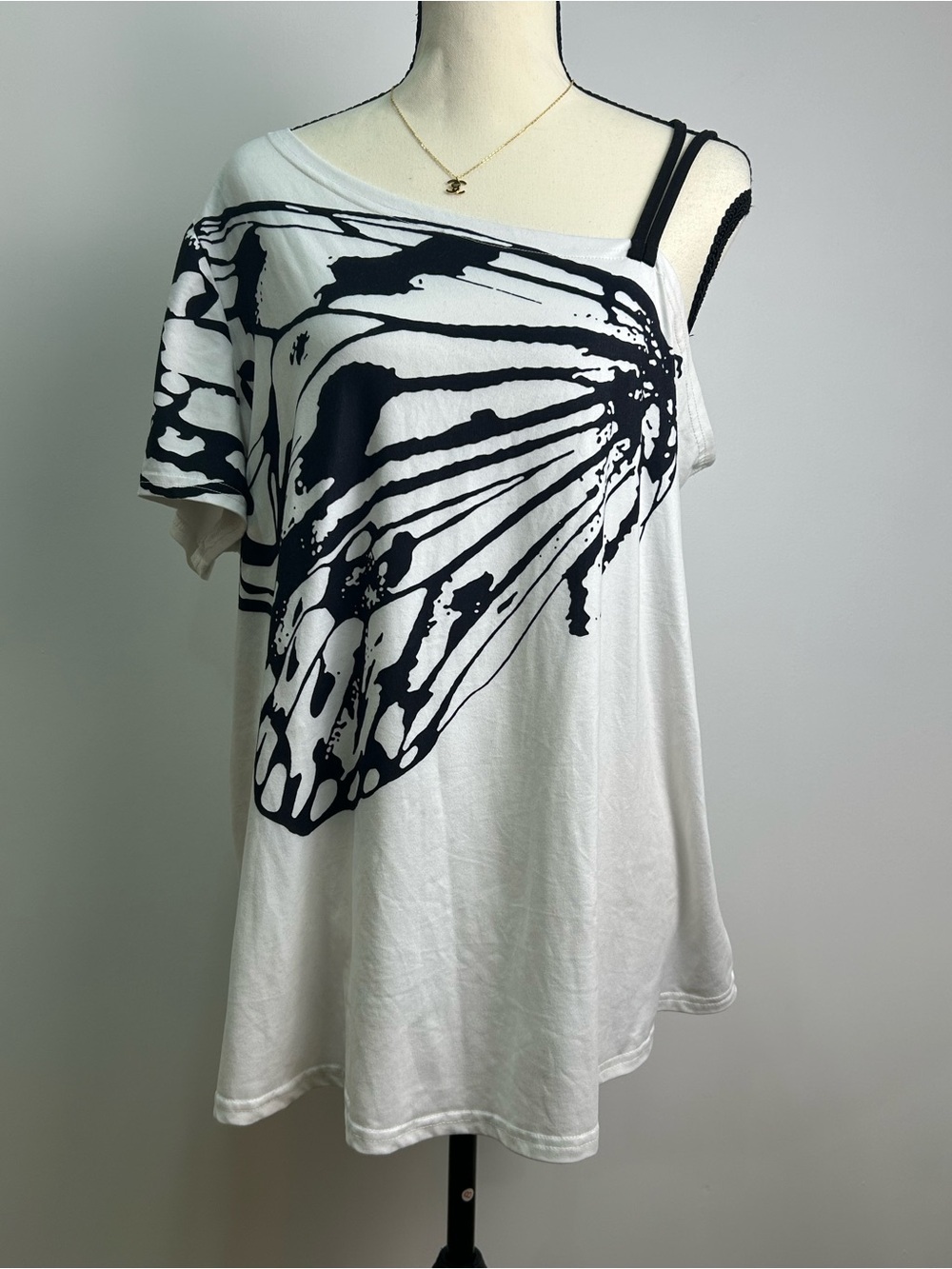 SHEIN White Short Sleeve Tee with Black Butterfly Wing Graphic and Strap Detail
